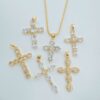 Wholesale Copper necklace with cross pendant, gold-plated copper with micro-set zircon, clavicle chain pendant