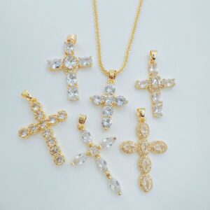 Wholesale Copper necklace with cross pendant, gold-plated copper with micro-set zircon, clavicle chain pendant