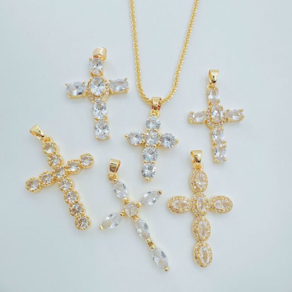 Wholesale Copper necklace with cross pendant, gold-plated copper with micro-set zircon, clavicle chain pendant