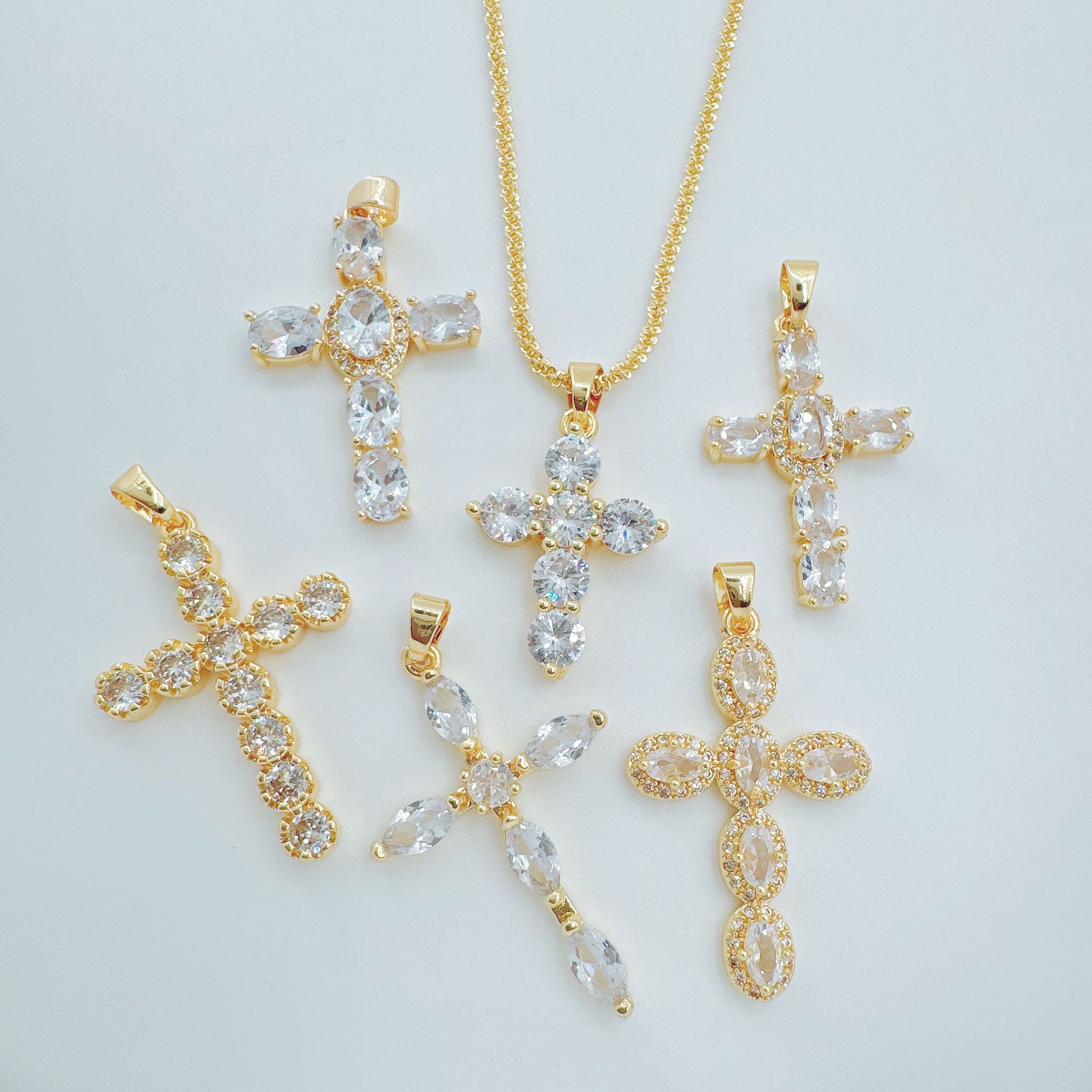 Wholesale Copper necklace with cross pendant, gold-plated copper with micro-set zircon, clavicle chain pendant