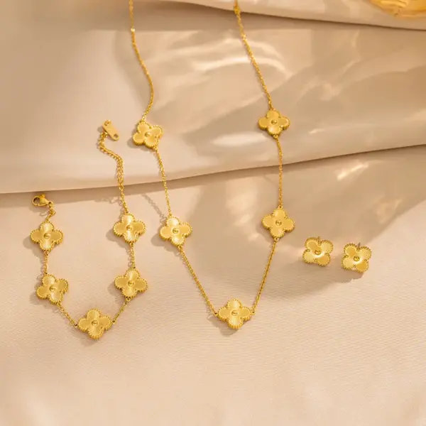 Wholesale Lucky Heart Jewelry Set For Women By Litmus, 304 Stainless Steel With 18K Real Gold PVD Coated, Featuring Cable Chain