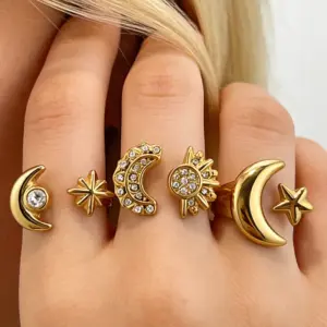 Wholesale Star Open Ring For Women, Waterproof Non Tarnish 304 Stainless Steel With 18K Real Gold Plated PVD Coating And Rhinestones Inlay