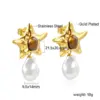 Wholesale Vacuum Electroplating (In Furnace) Plated Imitation Gold Imitation Pearl Starfish Earrings Ladies 304 Stainless Steel Oval Cat's Eye Earrings Fashion Irregular Geometric Shape