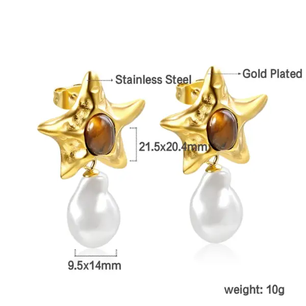 Wholesale Vacuum Electroplating (In Furnace) Plated Imitation Gold Imitation Pearl Starfish Earrings Ladies 304 Stainless Steel Oval Cat's Eye Earrings Fashion Irregular Geometric Shape