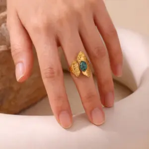 Wholesale Foldable Design Ring Natural Turquoise Inlaid Geometric Flower Edge Round Ring For Women Asymmetric Vacuum Plating