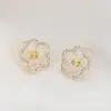 Wholesale 14K Real Gold Plated Copper Stud Earrings With Flowers Pattern And Zircon Inlay, Featuring 925 Sterling Silver Ear Pins