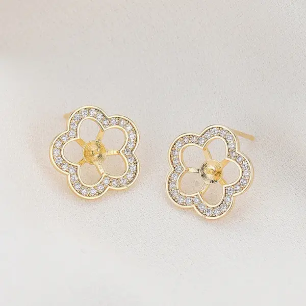 Wholesale 14K Real Gold Plated Copper Stud Earrings With Flowers Pattern And Zircon Inlay, Featuring 925 Sterling Silver Ear Pins