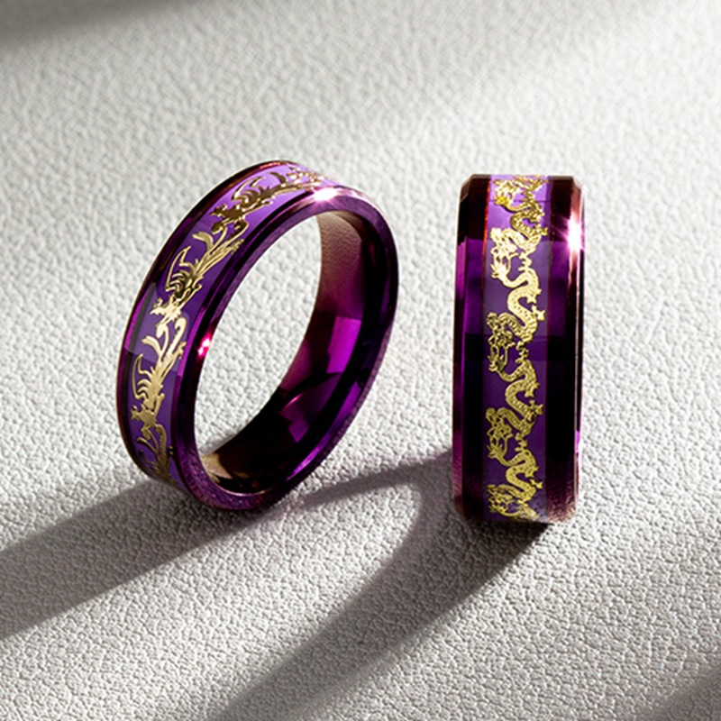 Wholesale Douyin Internet Celebrity Popular Jewelry Inlaid with Dragon and Phoenix Pattern Purple Titanium Steel Nine Purple Fire Ring Couple Ring Bra