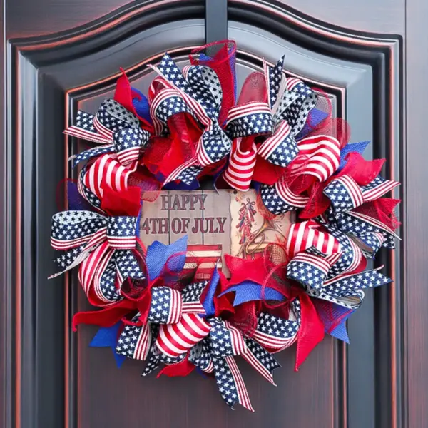Wholesale American Independence Day Patriotic Wreath Door Hanging Wreath Front Door Decoration Flag Wreath Holiday Bunting