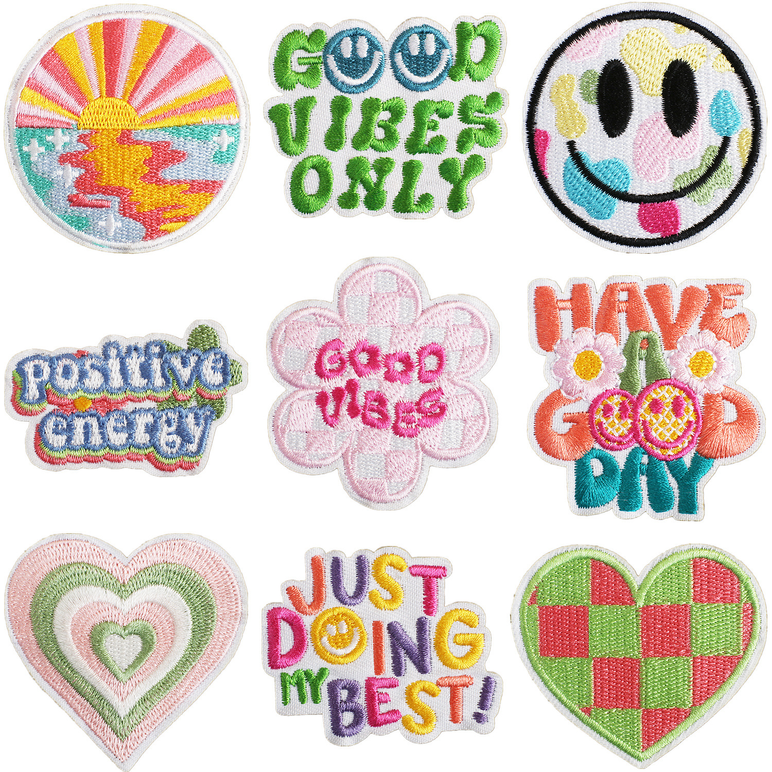 Wholesale Xiao Tianzheng energy embroidery cloth stickers smiley face Zhang Zi embroidery stickers inspirational quotation patch bag decorative embroi