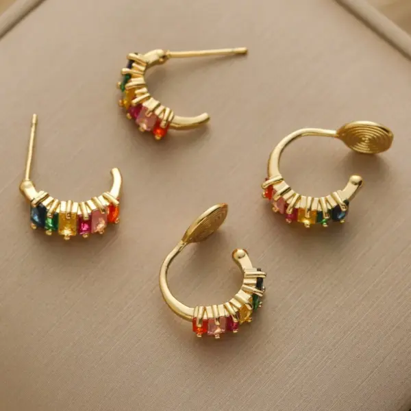 Wholesale Colorful Zircon Earrings Luxury Niche Design High-End Feelings Mosquito Coil Tray No Piercing Rainbow Clip C-Shape Women's Earrings