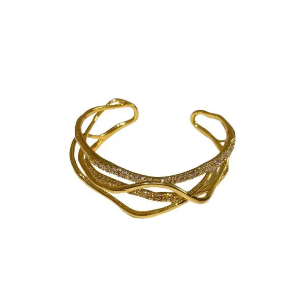 Wholesale Round Copper Bangle With Real Gold Plating And Rhinestone Inlay In Elegant Gold