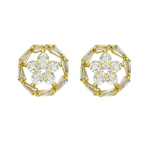 Wholesale Three-dimensional Flowers Stud Earrings For Women, Electroplated Copper With Golden Plated Finish And Zircon Inlay