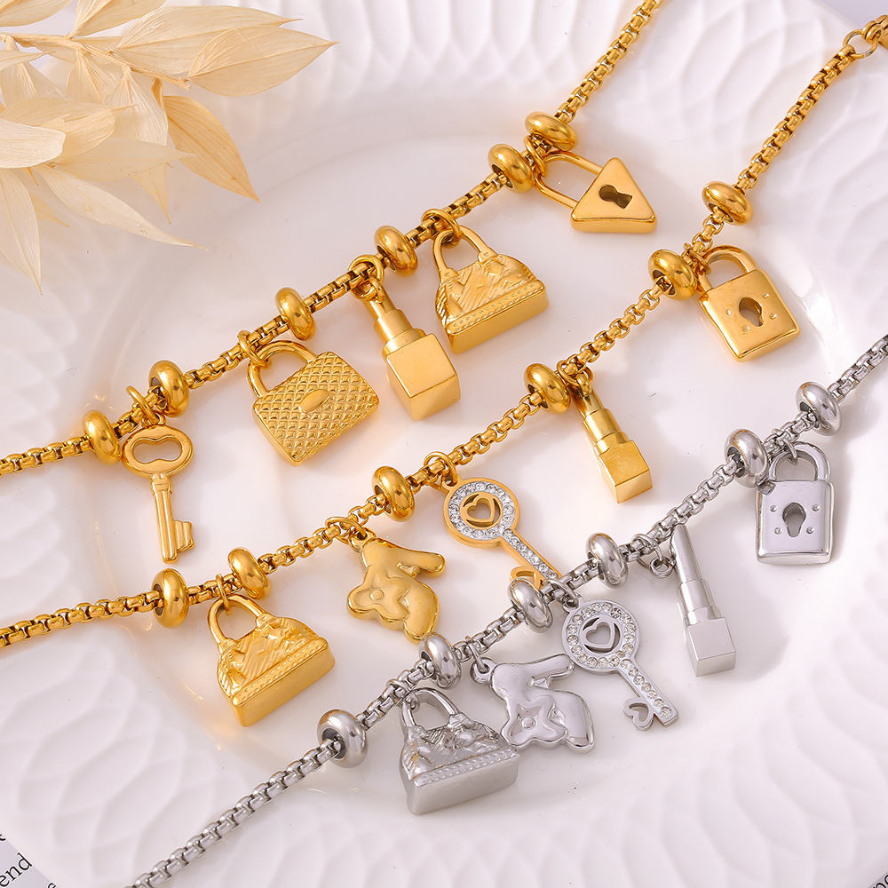 Wholesale European and American ins style multi-element tag diamond pendant bracelet adjustable trend retro titanium steel plated 18K gold bracelet
