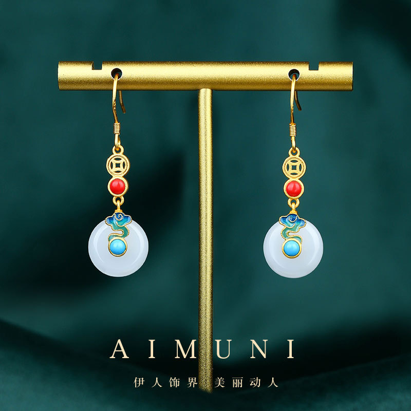 Wholesale New Chinese Style National Style Niche Design Xiangyun Ping An Buckle Imitation Jade Elegant 925 Silver Needle Earrings Women's Tanabata Gif