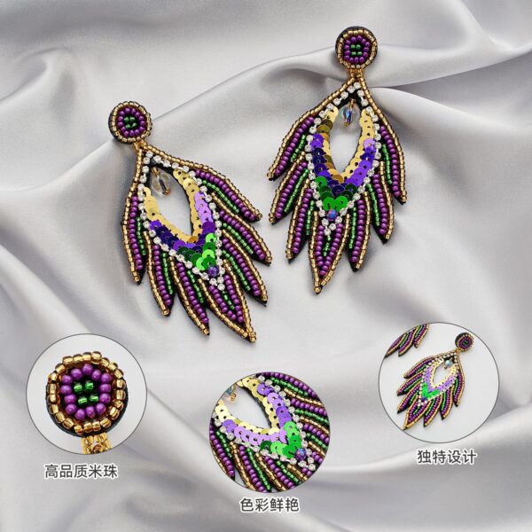 oly-5d677b771eabe7759237e7a49f24ad60 Wholesale Ethnic Style Carnival Festival Earrings Autumn and Winter High-end Fashion Handmade Rice Beads Feather Exaggerated Earrings for Women