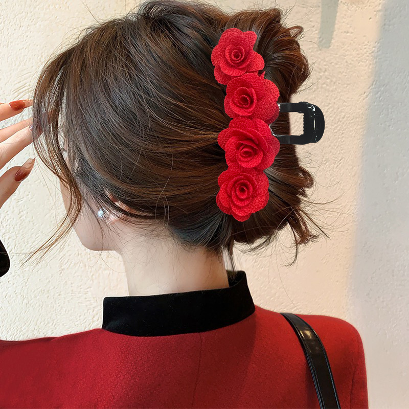 Wholesale Cross-border European and American Autumn and Winter New Flocking Rose Grab Clip Back Head Disc Hair Red Hairpin Headwear Valentine's Day