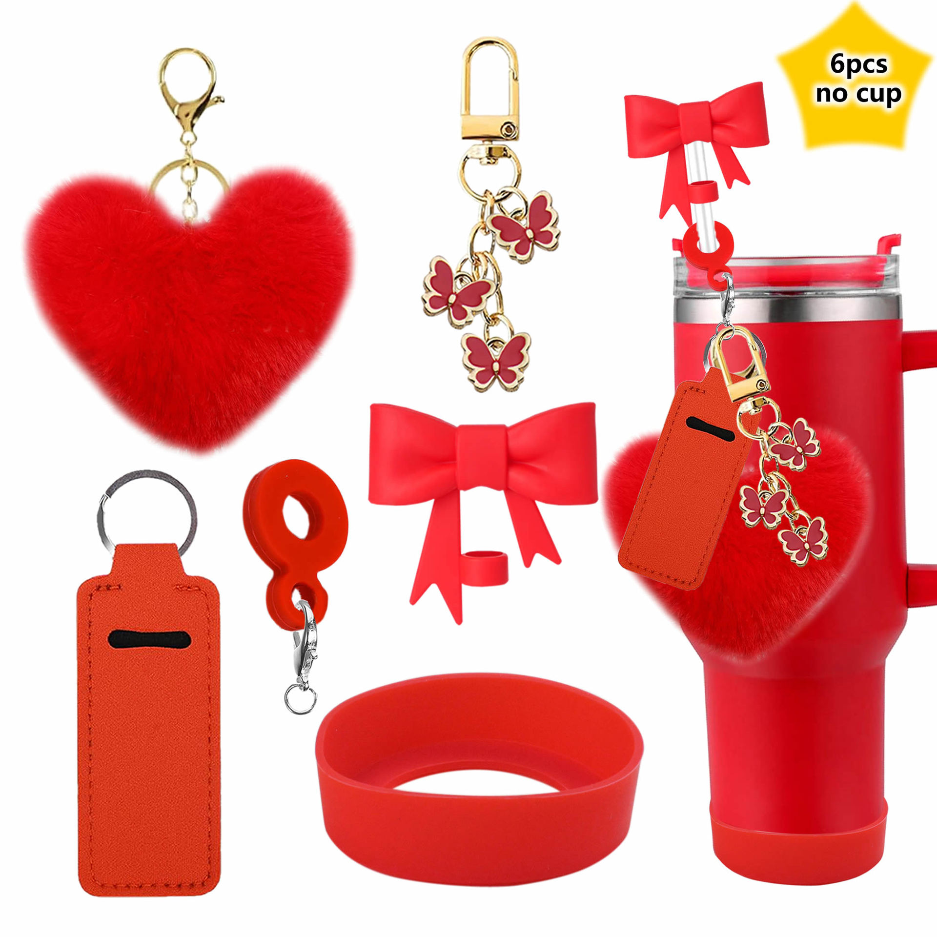 Wholesale Stanley Valentine's Day Love Hair Ball Pendant Silicone Cup Cover Bow Straw Plug Couple Heart-shaped Keychain
