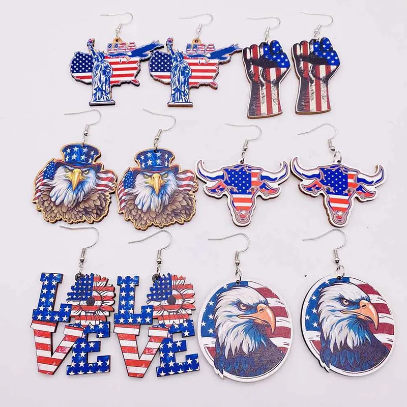 Wholesale Wooden Eagle Sunflower Love Western Cowboy Skull Stud Earrings Independence Day American Theme Geometric Animal Acrylic Jewelry