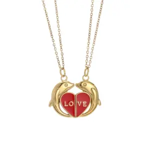 Wholesale Sweet Couple Necklaces For Valentine’s Day Featuring Heart Shape Design In Titanium Steel, 1 Pair, Golden