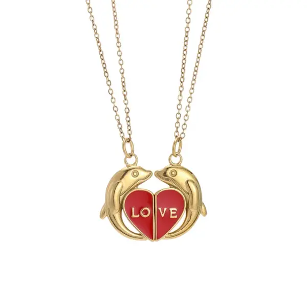 Wholesale Sweet Couple Necklaces For Valentine’s Day Featuring Heart Shape Design In Titanium Steel, 1 Pair, Golden