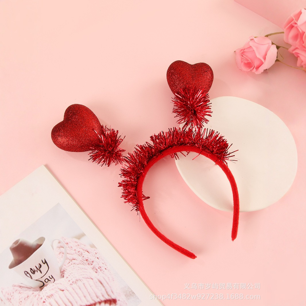 Wholesale Cross-border Valentine's Day Heart Shaped Love Glitter Hair Hoop Red Three-dimensional Love Foam Party Heart Sequin Headband