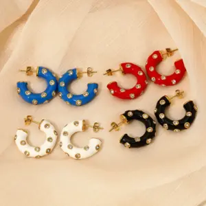 Wholesale Vacuum Electroplating (In Furnace) 304 Stainless Steel C-shaped Oil Drop Earrings Ladies Elegant Small Embedded Zircon Korean Style Popular Ear Jewelry