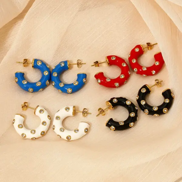 Wholesale Vacuum Electroplating (In Furnace) 304 Stainless Steel C-shaped Oil Drop Earrings Ladies Elegant Small Embedded Zircon Korean Style Popular Ear Jewelry