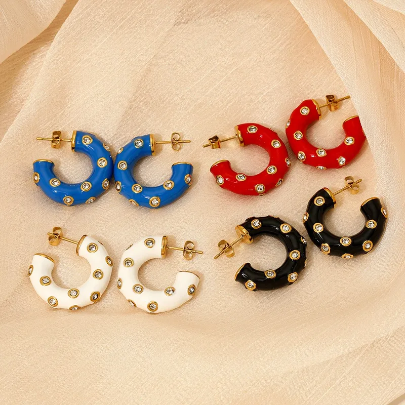 Wholesale Vacuum Electroplating (In Furnace) 304 Stainless Steel C-shaped Oil Drop Earrings Ladies Elegant Small Embedded Zircon Korean Style Popular