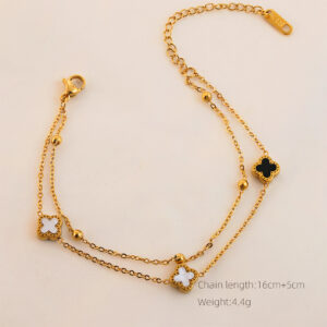 Double-sided black and white four-leaf clover bracelet gold / Made of stainless steel all over the body + real gold plating in the furnace with 18k gold