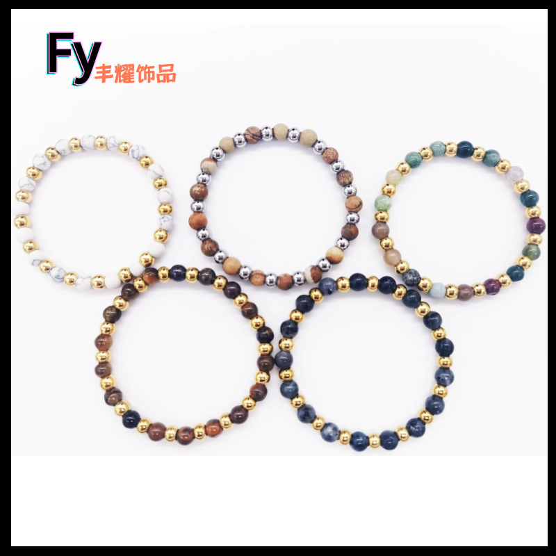 Wholesale Cross border hot sale 6mm stainless steel beaded bracelet glass stone round bead bracelet diy elastic rope bracelet stretch hand