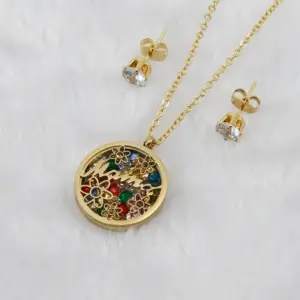 Wholesale Jewelry Fashion Round Letter Flower 304 Stainless Steel Zircon 18K Gold Plated Hollow Out Stainless Steel Jewelry Sets