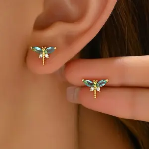Wholesale Dragonfly Stud Earrings For Women With Claw Setting, 304 Stainless Steel, PVD Coated And 18K Real Gold Plated, Featuring Zircon Inlay