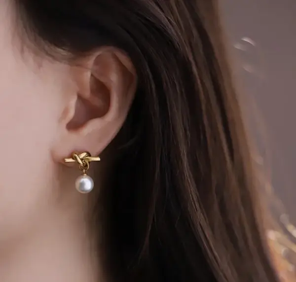 Wholesale 1 Pair Basic Simple Style Knot 304 Stainless Steel Titanium Steel Artificial Pearls 18K Gold Plated Vacuum Plating PVD Coated Drop Earrings