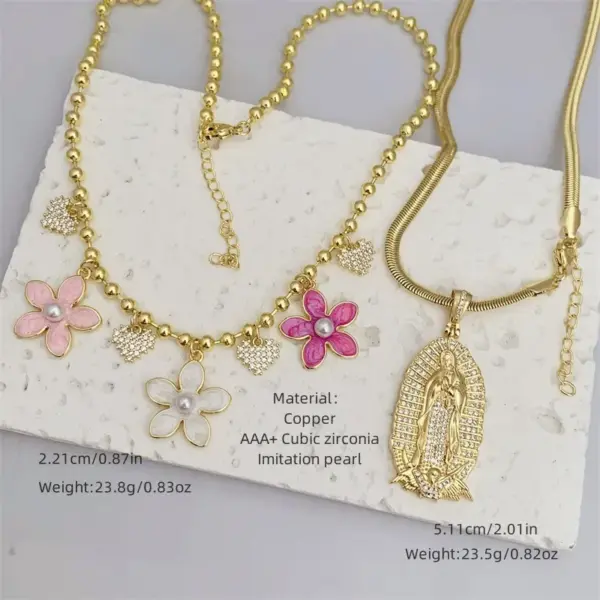 Wholesale Jewelry Simple Style Classic Style Cross Heart Shape Flower Copper Zircon 18K Gold Plated Inlay Ball Chain Multi Charms Necklace