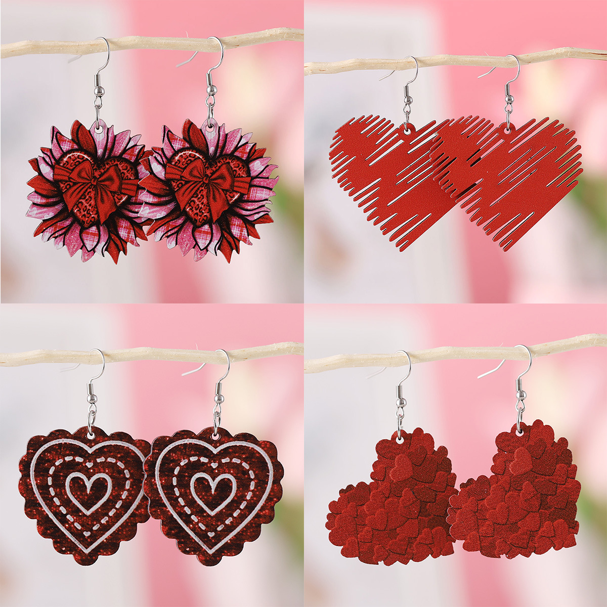 Wholesale Cross-border New Valentine's Day Sunflower Bow Red Love Pendant Earrings Wooden Double-sided Valentine's Day Earrings