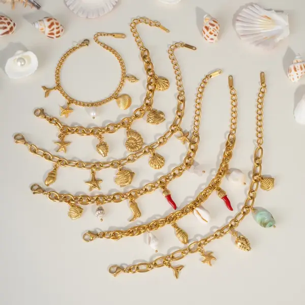 Wholesale PVD Coated Real Gold Plated 18K Gold Starfish Conch Shell 304 Stainless Steel Hawaiian Lady Beach Waterproof Non Tarnish 304 Stainless Steel Lobster Trigger Clasp Closure Bracelets