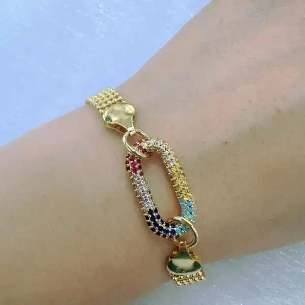 Wholesale Oval Electroplated Copper Bracelet For Women With 18K Real Gold Water Plating And Zircon Inlay, Featuring Round Bead Woven Chain