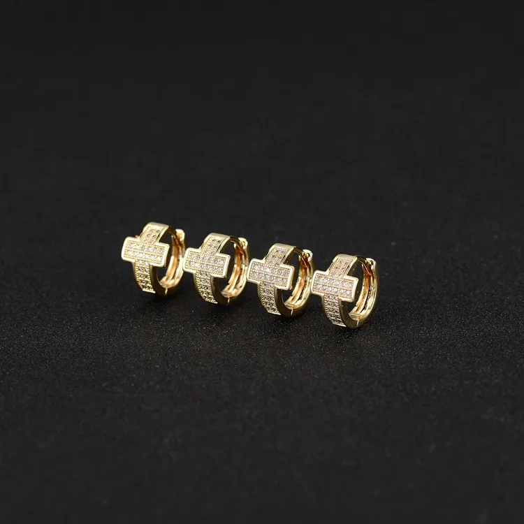 Wholesale Unisex Cross Earrings For Everyday Wear Featuring Electroplated Finish And Copper Ear Pins With Zircon Inlay