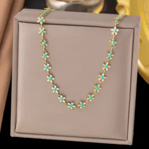9 [Ah172] Single-Sided Dripping Oil Blue Flower Necklace / Gold