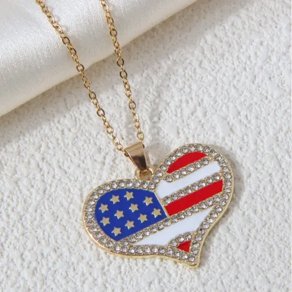 Wholesale Fashionable American Flag Heart Pendant Jewelry Set For Women Elegant Zinc Alloy Rhinestone Earrings Necklace And Bracelet