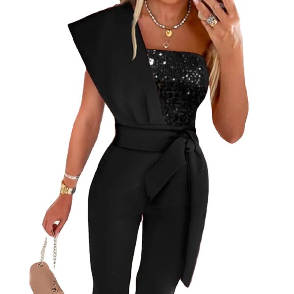 oly-5fd4a51db22babd118e223971bfc5d17 Wholesale printed jumpsuit solid color sleeveless belt decorative jumpsuit slim-fit stitching bead women’s clothing