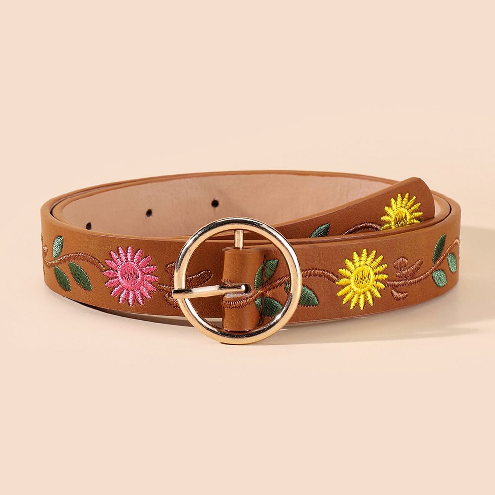 Wholesale E-Commerce Belt for Women with Chrysanthemum Embroidered Bottom Round Buckle 2.7 Versatile Fashion Personalized Factory Direct Supply Casual