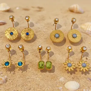 Wholesale Waterproof Non Tarnish Circle Stud Earrings For Women, 304 Stainless Steel With 18K Real Gold Plated PVD Coating And Rhinestones Inlay