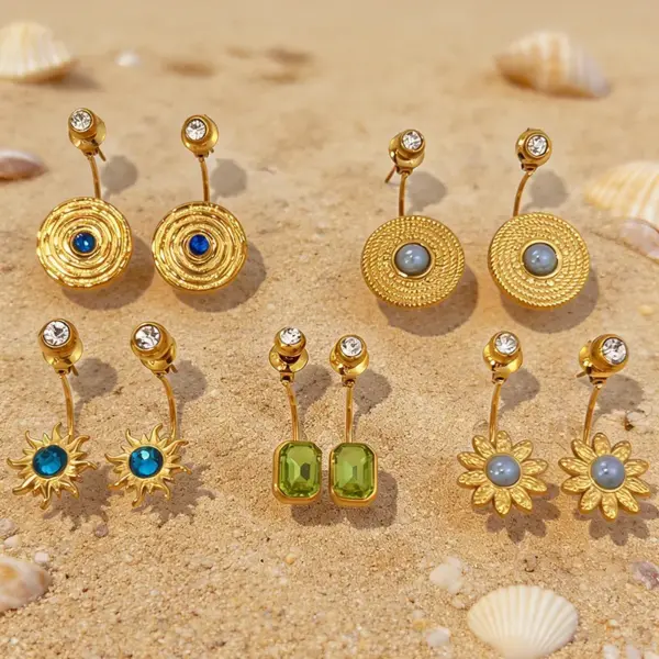 Wholesale Waterproof Non Tarnish Circle Stud Earrings For Women, 304 Stainless Steel With 18K Real Gold Plated PVD Coating And Rhinestones Inlay