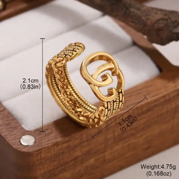 Wholesale Three-dimensional Letter Open Ring For Women In Copper With Golden Plated UV Plating And 0.03µm Thickness