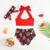 Wholesale Girls Strawberry Print Swimsuit Infant and Toddler Red Suspender Swimsuit Separates Bow Swimming Hairband