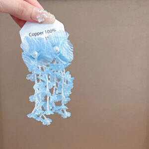 Blue beaded petal tassel earrings