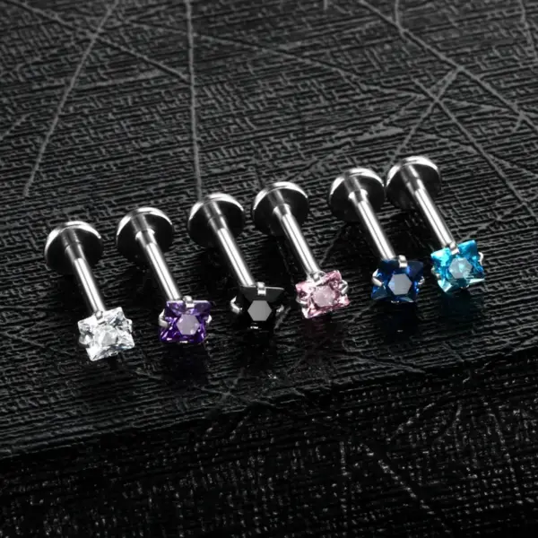 Wholesale Fashion Square Stainless Steel Inlay Zircon Lip Stud 1 Piece