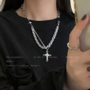 oly-605027349293deab152ba820e0683346 Wholesale Japanese and Korean Double-Layer Stitching Cross Pendant Necklace Women’s Autumn and Winter Cold Fashion Cool Sweat Chain Hip-Hop Accessories